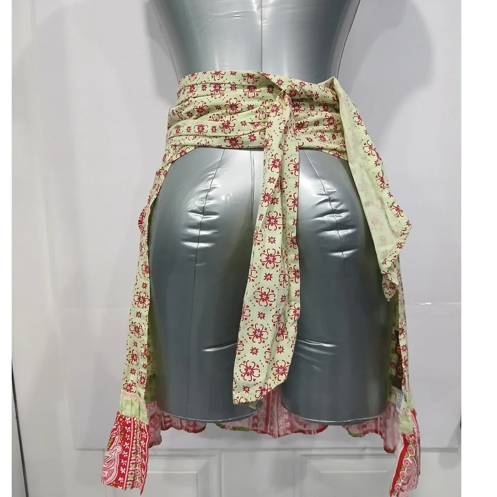 Funktion Red‎ Lime Green Floral Cotton Ruffle Half Apron Bohemian Cottagecore